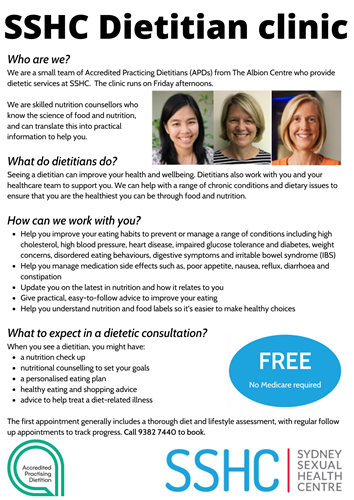 A poster describing the role of dietitians and the services available at SSHC.